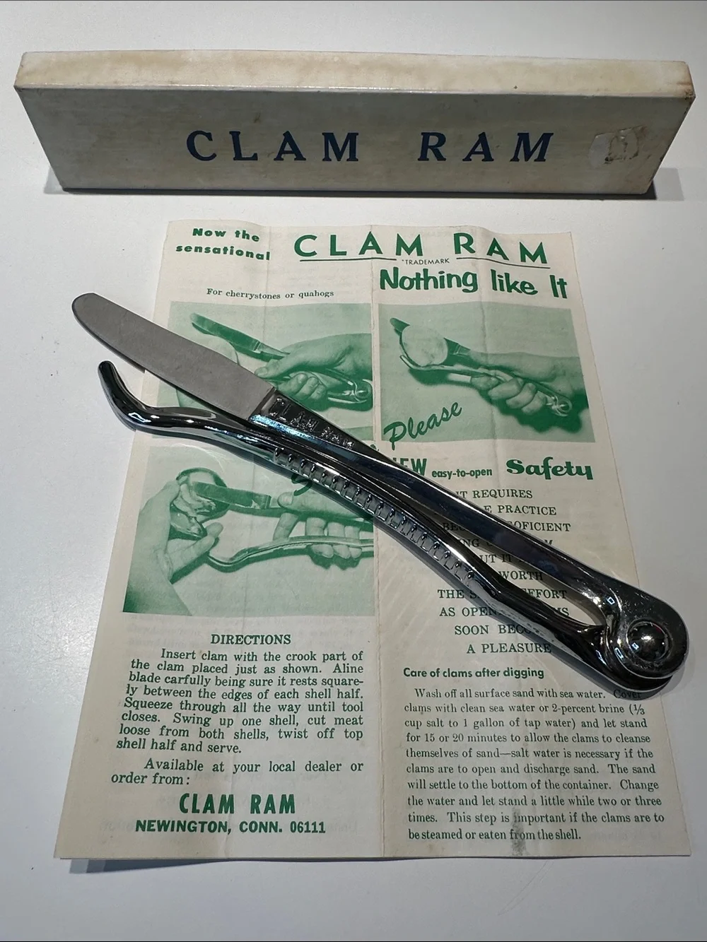Vintage Original Clam Ram Stainless Steel Clam Opener with Paperwork and Box